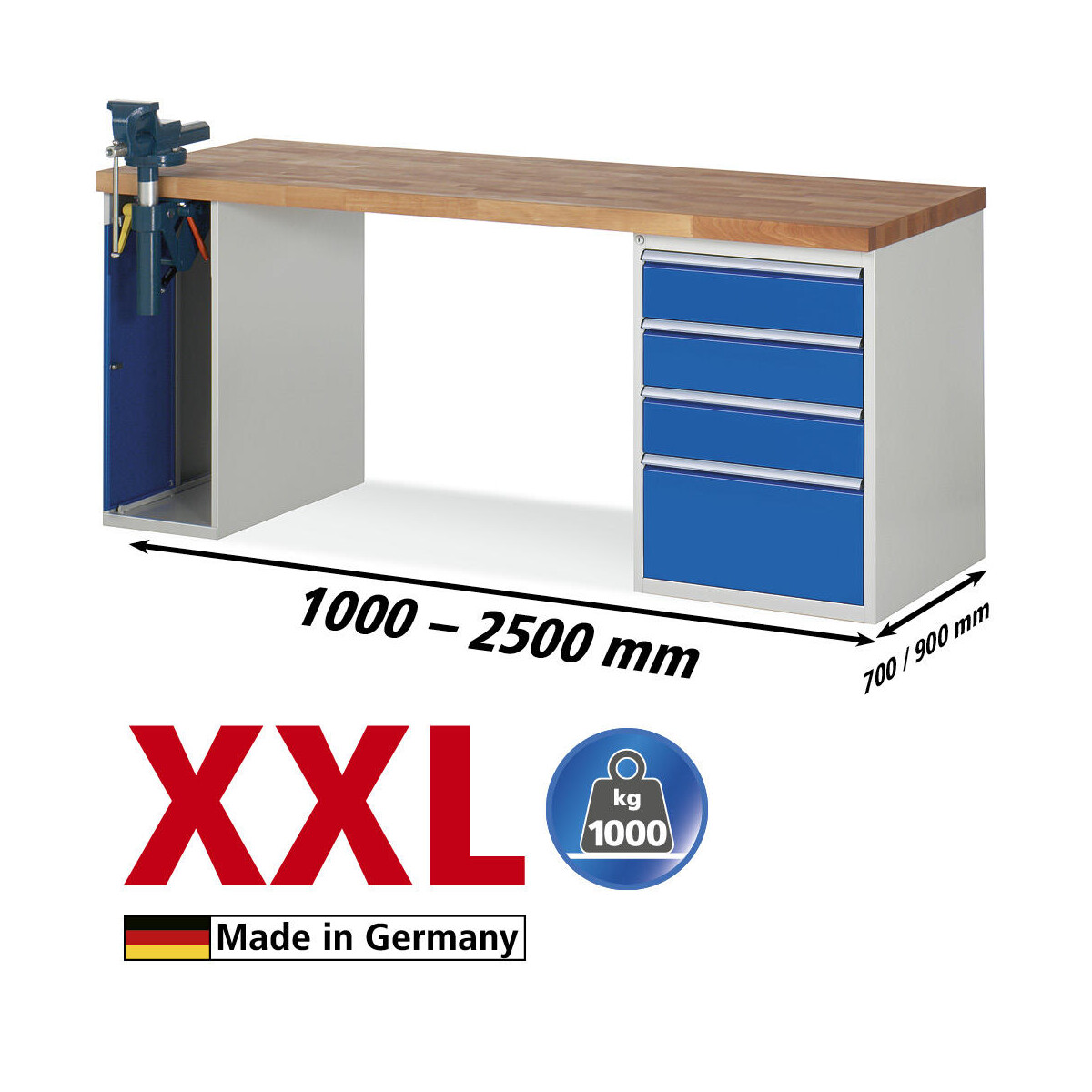XXL-Werkbänke mit Schraubstockschrank + 4 Schubladen